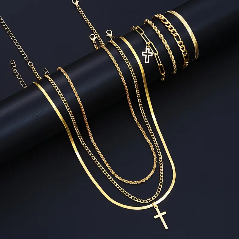 Men Accessories Combo Gift - 7-Piece Minimalist Stainless Steel Cross Jewelry