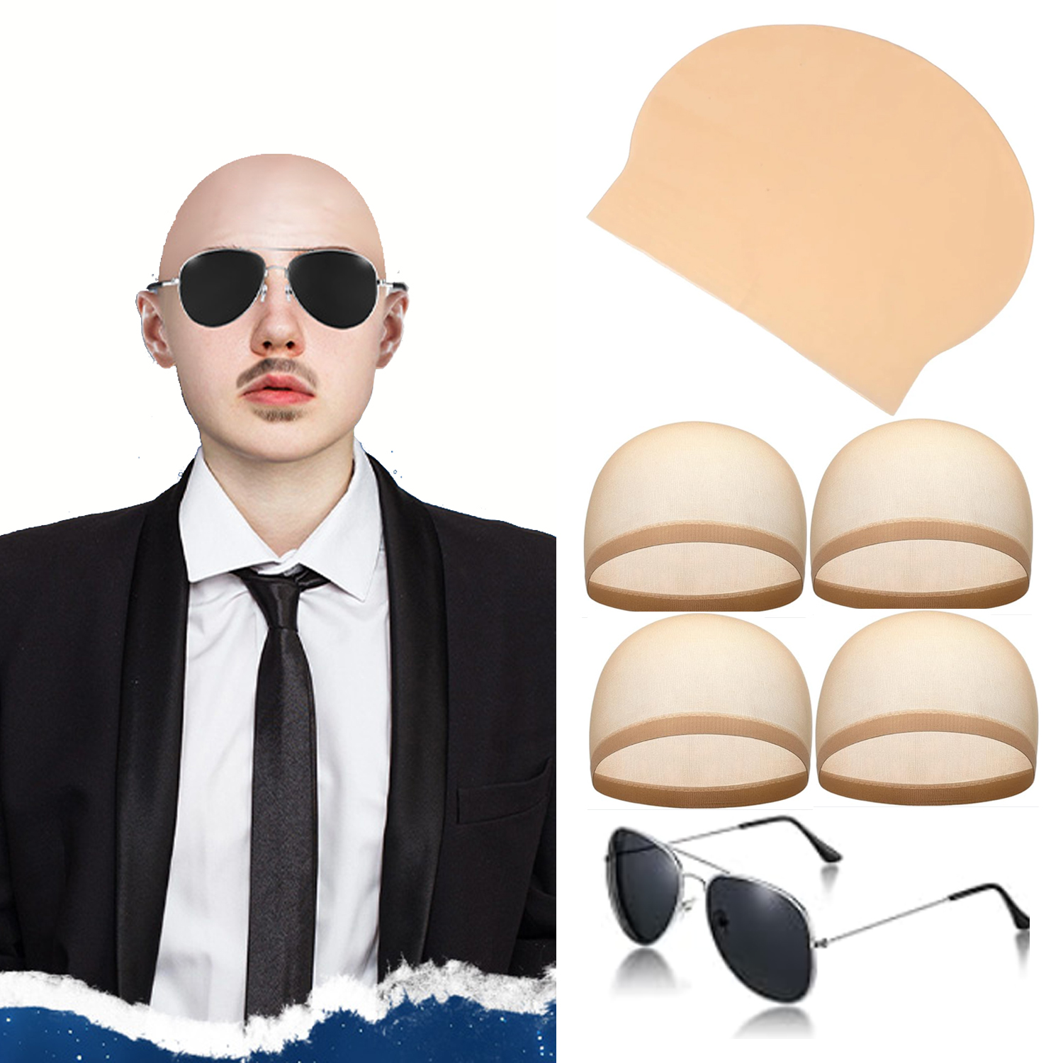 6pcs Bald Caps with Glasses Ba - Men Accessories Combo Gift recension och pris